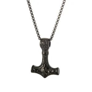 Detailed close-up view of the vintage Nordic Viking Thor hammer pendant crafted in dark steel.