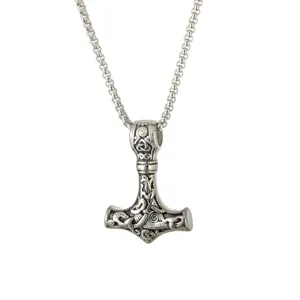 Detailed view of vintage Nordic Viking Thor's Hammer titanium steel necklace for men.