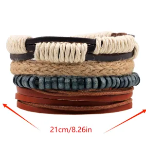 Vintage Multi Layer Leather Hemp Rope Wooden Bead Braided Bracelet Set Boho Casual Handcrafted Wrist Jewelry Gift