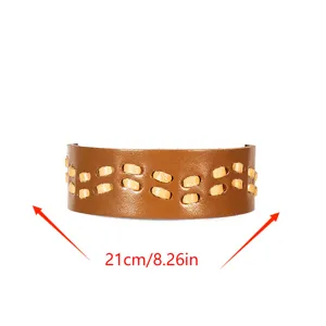 Bracelet en cuir marron large style punk retro avec coutures decoratives taille 21cm main