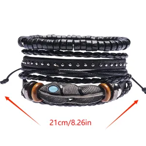 Ensemble de Bracelets en Cuir Multicouche Plume Alliage Perle en Bois Boho Bracelet Multipièce Bijou Cadeau Pour Unisexe