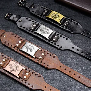 Men retro Viking wide leather bracelet alloy metal plaque adjustable wristband jewelry