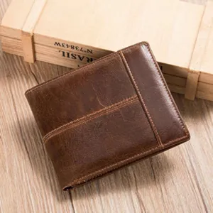 Cartera de hombre de cuero genuino retro marrón tarjetero plegable para uso diario elegante.