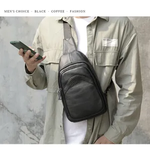 Men black leather sling bag casual chest crossbody bag with multiple zipper compartments.