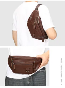Men's genuine leather chest bag multi-pocket casual waist bag stylish sling bag for men