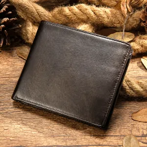 Men's genuine leather wallet dark brown vintage bifold card holder compact coin pocket stylish accessory