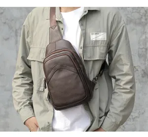 Men genuine leather sling bag detail shot, casual brown chest crossbody bag view.