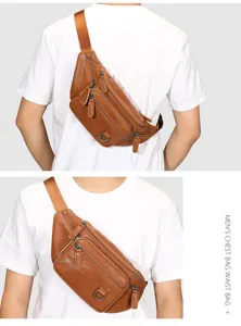 Men's genuine leather chest bag casual cross body sling bag with multiple zip pockets brown.