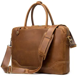 Sac d'affaires rétro en cuir de cheval fou pour homme grande capacité en cuir véritable fait main