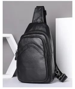 Black genuine leather chest bag detail, men's single shoulder crossbody bag with multi zippers.