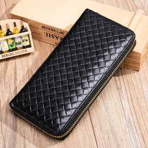 Classic black woven leather long wallet for men with secure zipper closure and large capacity.