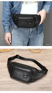 Men genuine leather chest bag casual crossbody shoulder bag multi-pocket waist fanny pack