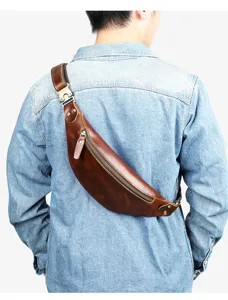 Vintage genuine leather waist bag for men, crazy horse leather chest sling bag everyday.