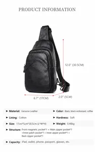 Men's genuine leather chest bag detail view, showing multi-pocket design and size info.