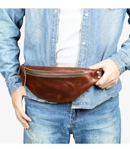Retro genuine leather men waist bag chest bag, first layer cowhide casual design for daily use.