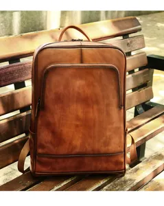 Zaino vintage in vera pelle da uomo, borsa porta pc 15.6 pollici per lavoro, pelle bovina.