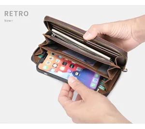 Detail view of brown leather men's long wallet, showing multiple card slots and phone pocket.