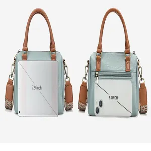 Genuine leather shoulder bag detail showing capacity with tablet and phone size comparison.