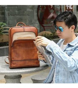 Zaino vintage in vera pelle da uomo borsa per laptop da 15.6 pollici marrone in pelle bovina