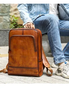 Zaino da lavoro vintage in vera pelle marrone da uomo, borsa per laptop da 15,6 pollici.