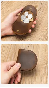 Retro crazy horse leather mini coin purse for men and women, portable snap closure change pouch.
