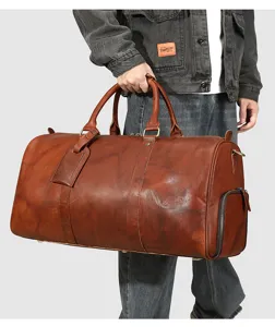 Borsa da viaggio in vera pelle marrone vintage da uomo con tasca per scarpe.
