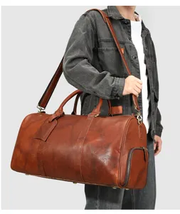 Borsa da viaggio in vera pelle da uomo, borsone vintage marrone con scomparto scarpe.