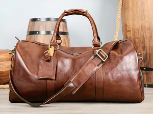 Sac de voyage classique en cuir véritable marron pour homme, grand sac week-end.