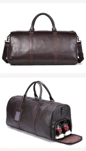 Borsa da viaggio in vera pelle marrone scuro con scomparto per scarpe per palestra.