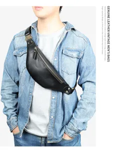 Detailed shot of men's genuine leather vintage waist bag, classic black chest design.