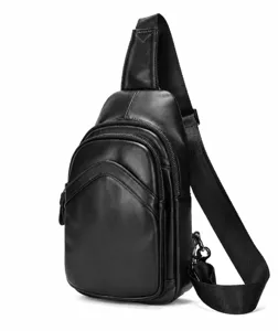 Detailed close-up view of men leather chest bag sling bag texture and metal zippers design
