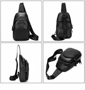 Men genuine leather chest bag waterproof sling backpack casual crossbody bag black multi-pocket
