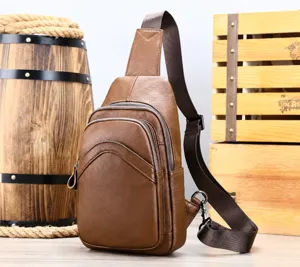 Men genuine leather chest bag casual sling shoulder bag with multi zippered pockets