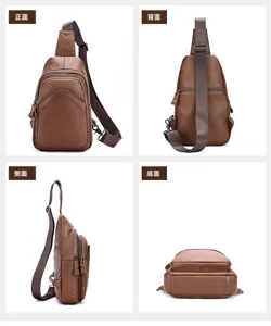 Detail view of the brown leather sling bag showing multi-angle craftsmanship and zippers.