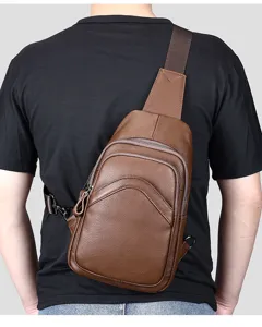 Men's brown genuine leather sling bag casual multi-pocket chest crossbody daypack.