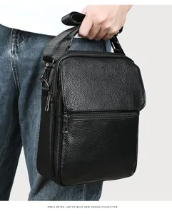 Bolso cruzado de cuero genuino para hombre bandolera negra casual de piel de vaca de primera capa