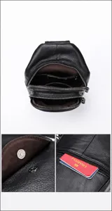 Echter Leder-Brusttasche Innendetail-Ansicht mit mehreren Reißverschlusstaschen und Druckknopf.