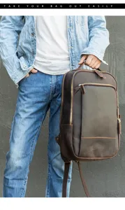 Zaino vintage in vera pelle di cavallo pazzo per uomo, grande capacità borsa in vera pelle.