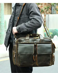 Retro genuine leather briefcase for men, 16 inch vintage crazy horse leather laptop messenger bag.
