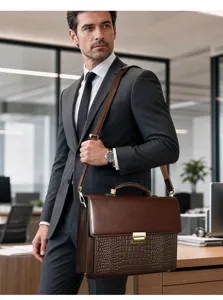 Vue détaillée du cartable pour homme en cuir marron avec texture gaufrée et serrure en métal.
