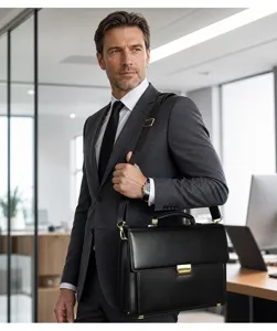 Détail du porte-documents en cuir professionnel dans un bureau moderne avec finition noire.