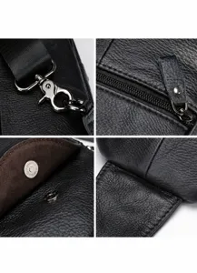 Close-up detail of men's genuine leather chest bag hardware and zipper texture.