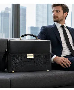 Vue détail de la mallette d'affaires en cuir noir pour homme avec verrou métallique.