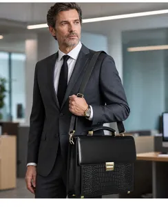Sac de bureau d'affaires en cuir véritable pour homme avec rabat et motif crocodile.