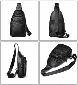 Herren Echtleder Brusttasche Umhängetasche Freizeittasche Rindsleder Sling Bag Schwarz