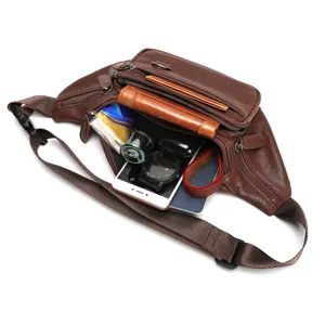 Men genuine leather chest bag casual crossbody shoulder pack with multi pocket large capacity