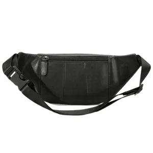 Black genuine leather chest bag for men, stylish croissant waist bag with zipper and buckle.