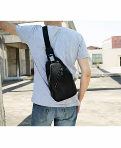 Men's genuine leather sling bag, stylish chest crossbody bag for outdoor casual sports daily use.
