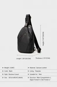 Detailed view of the men's leather chest bag showing precise dimensions and internal capacity.