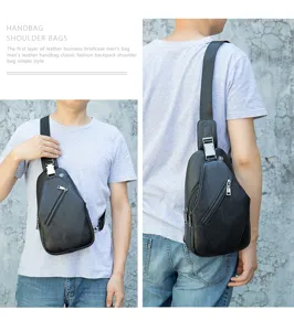 Genuine leather men sling bag detail view, black cowhide single shoulder crossbody chest backpack.